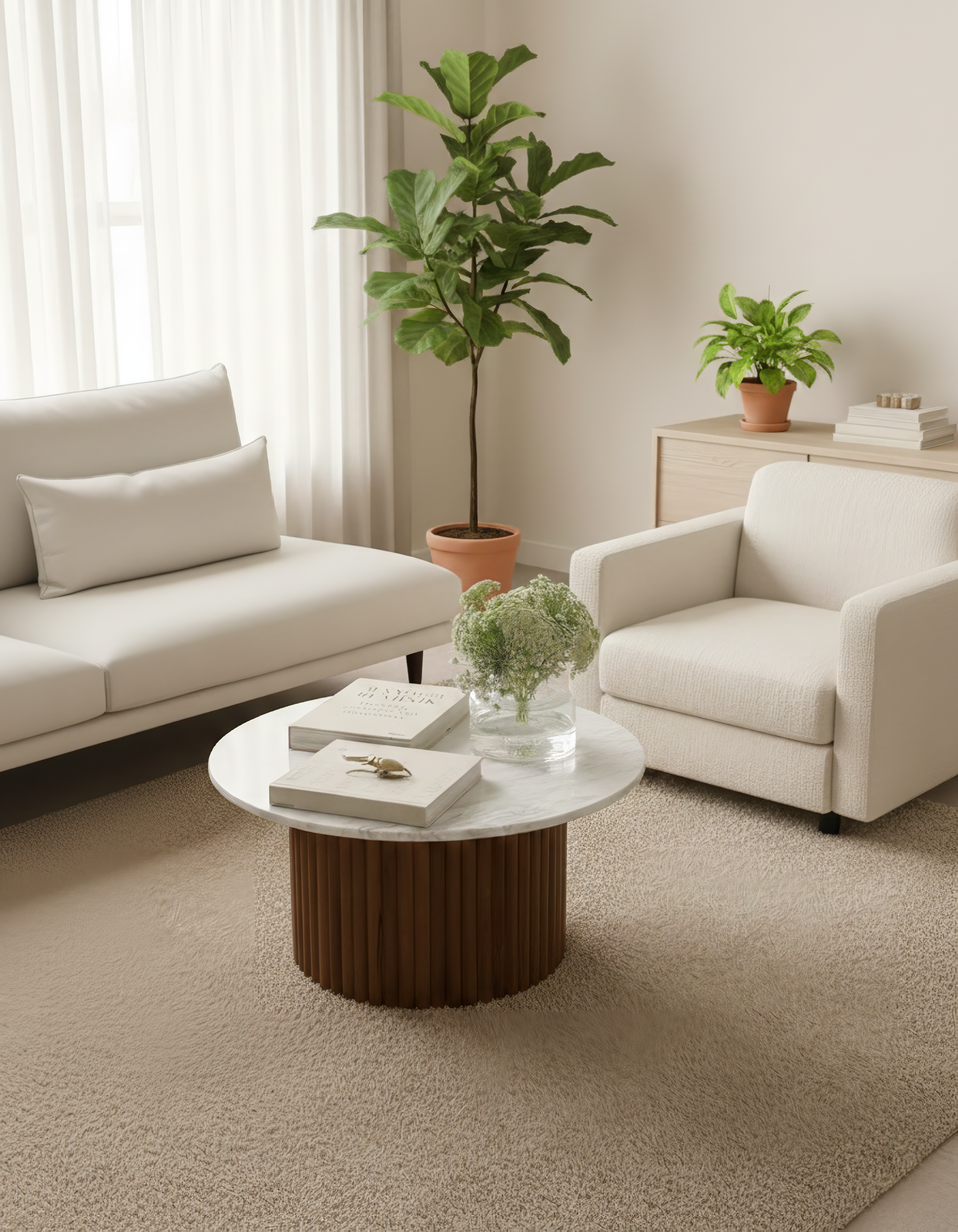 Mesa de centro de mármol con base de madera a rayas