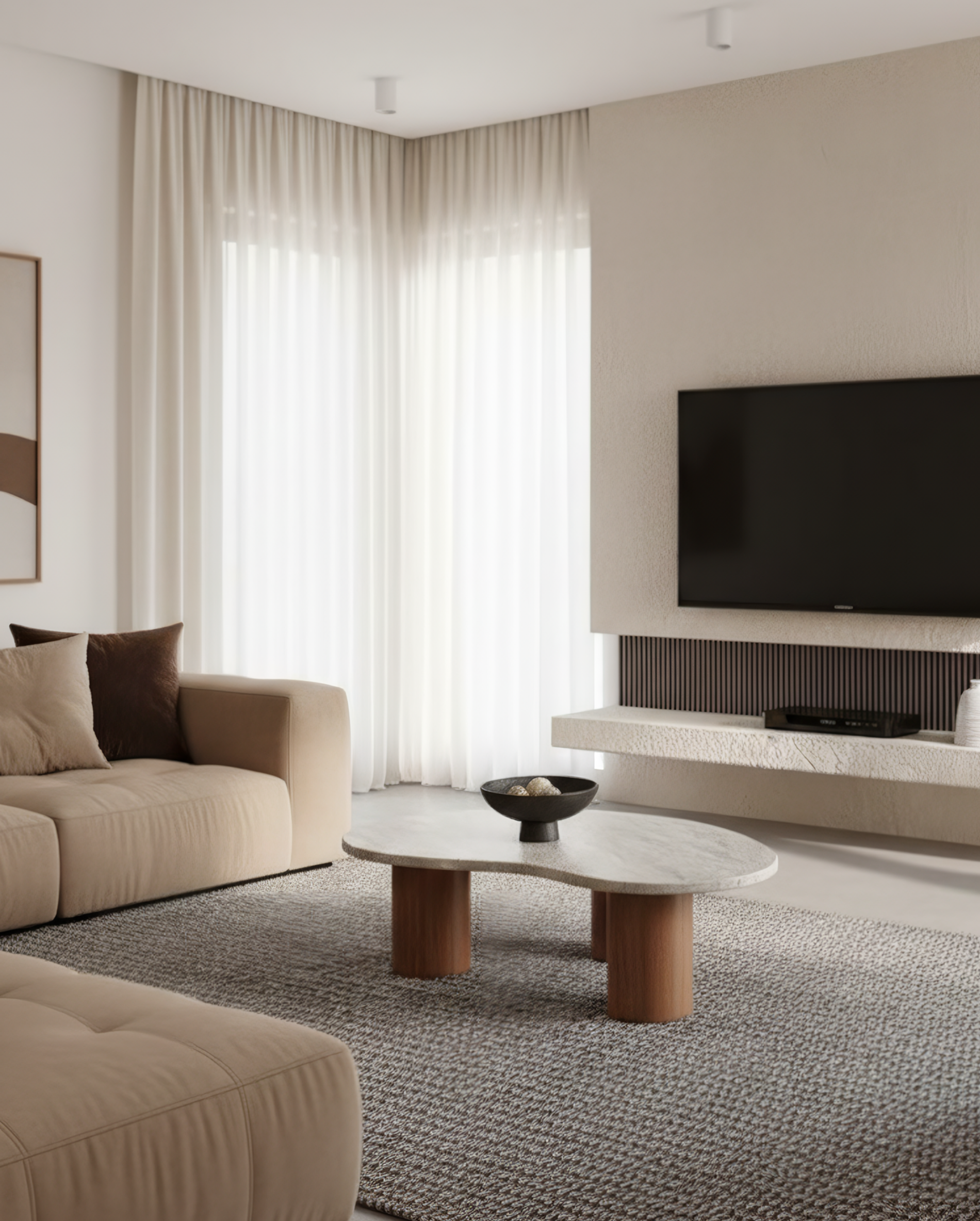 Mesa de centro de madera y mármol minimalista