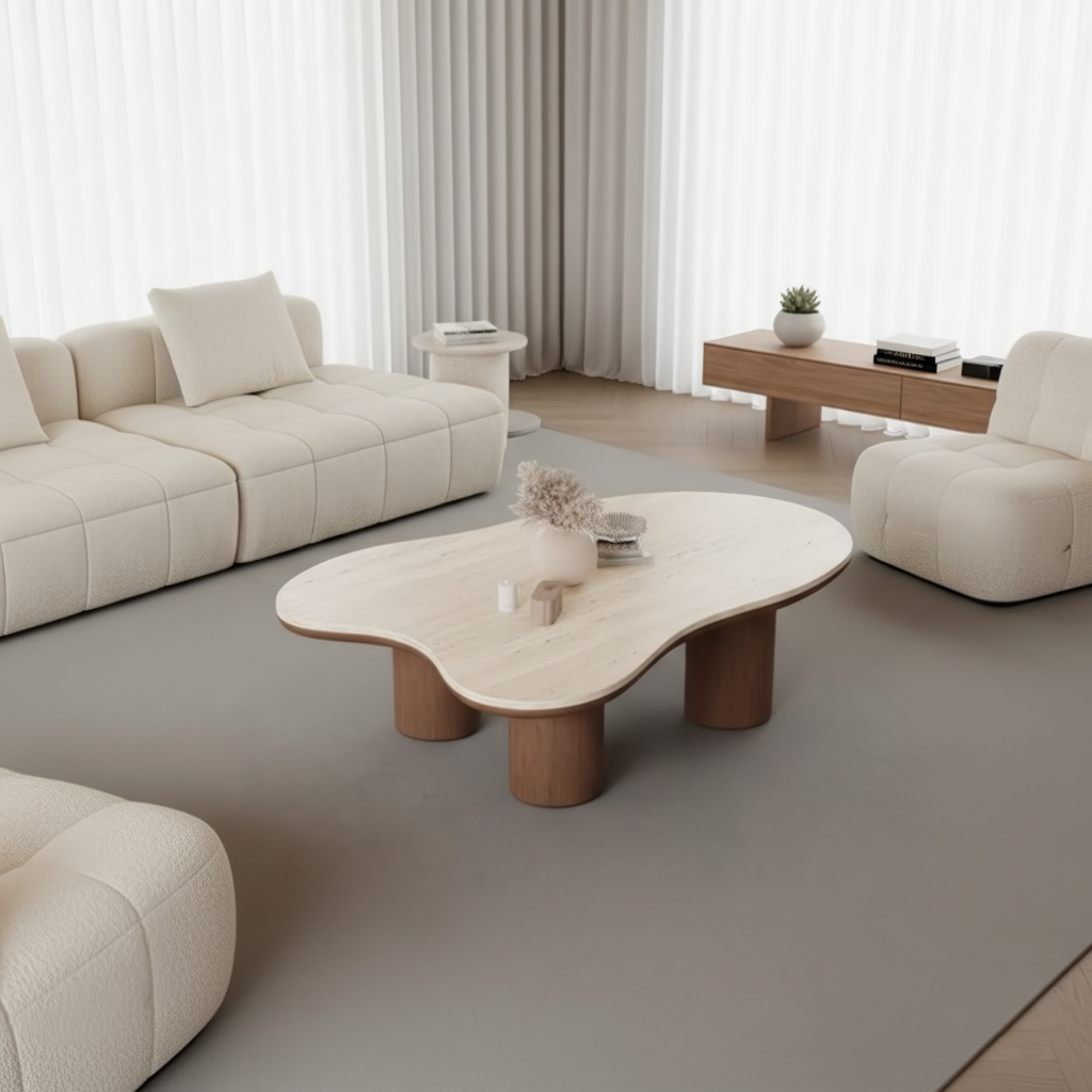 Mesa de centro de madera y base de madera irregular
