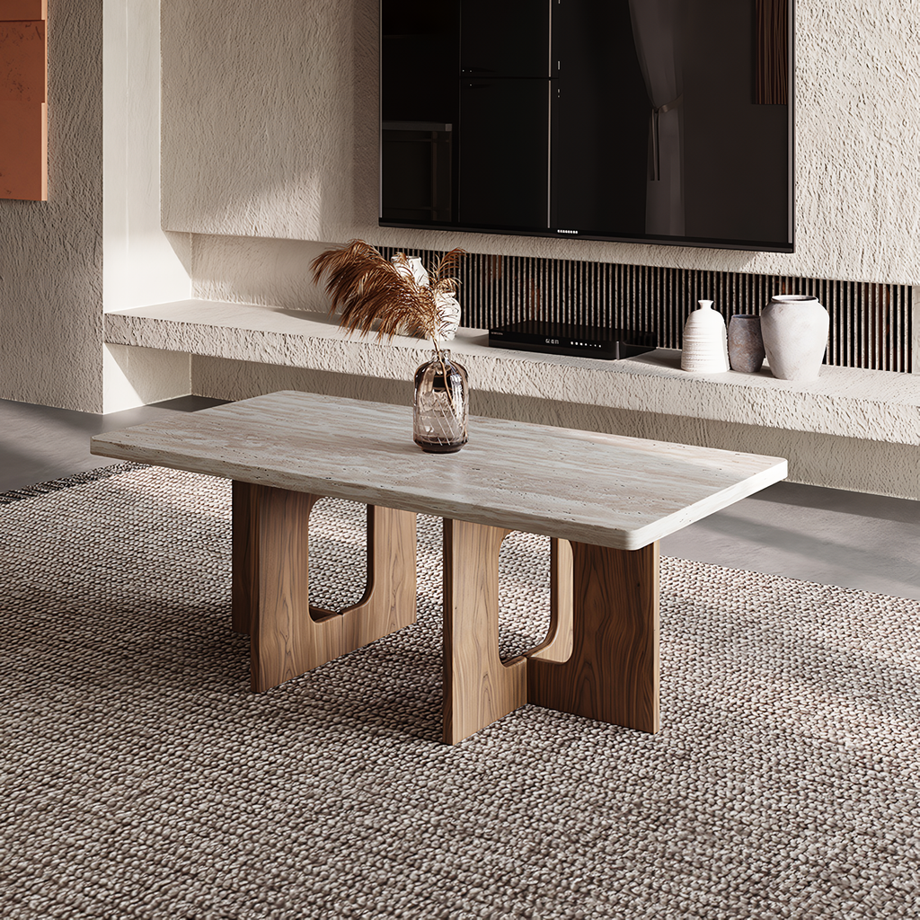 Mesa de centro de base de madera y mármol rectángular