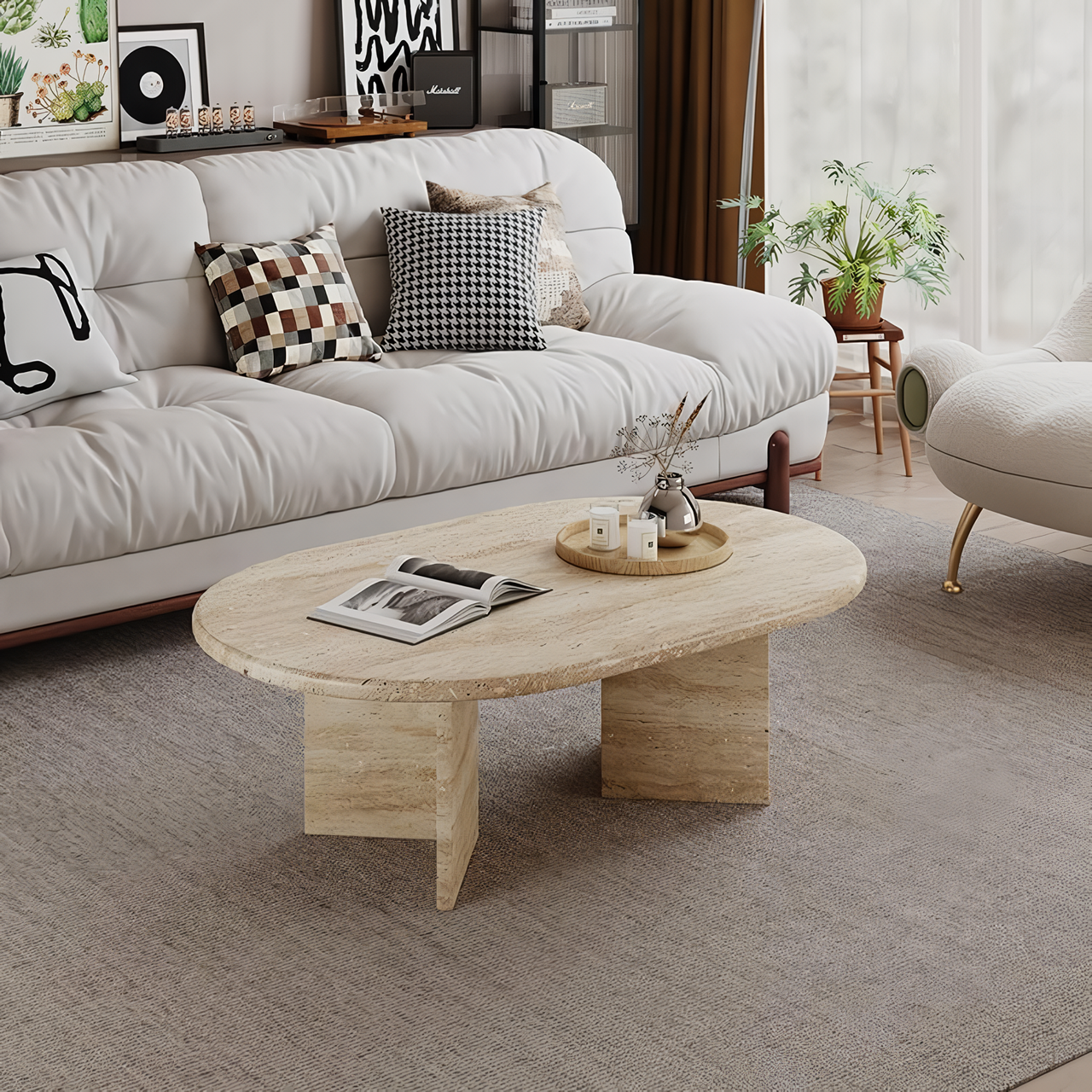 Mesa de centro de mármol rectángular con bordes ovalados