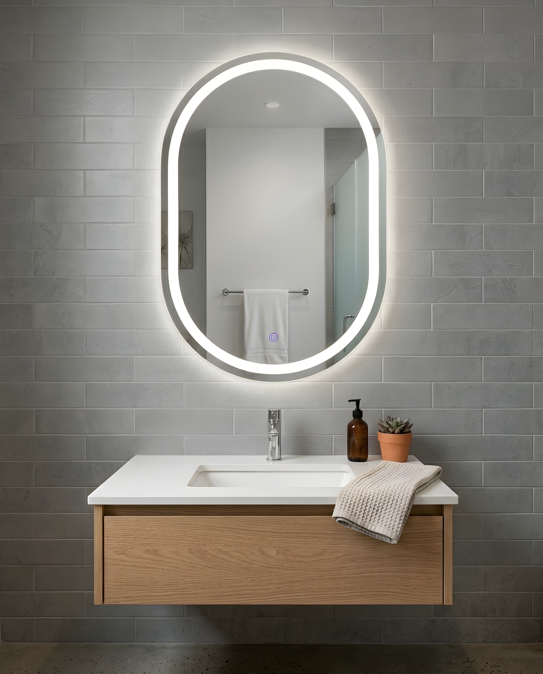 Espejo rectangular ovalado con marco de luz led