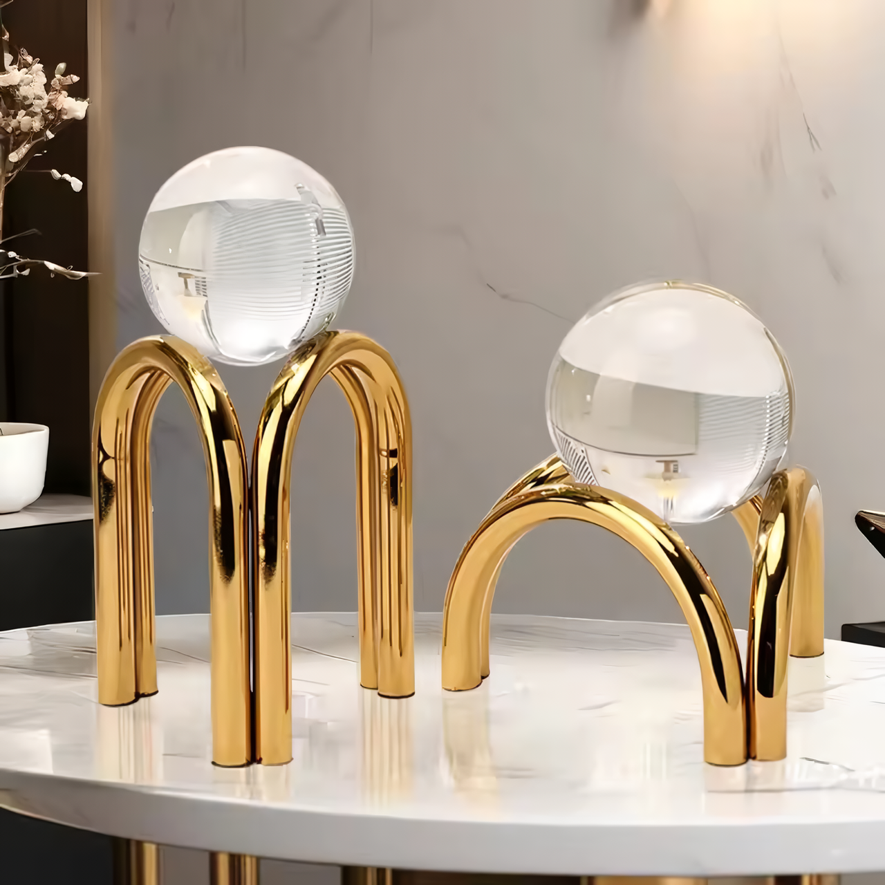 Esferas de cristal con base de metal Dorado