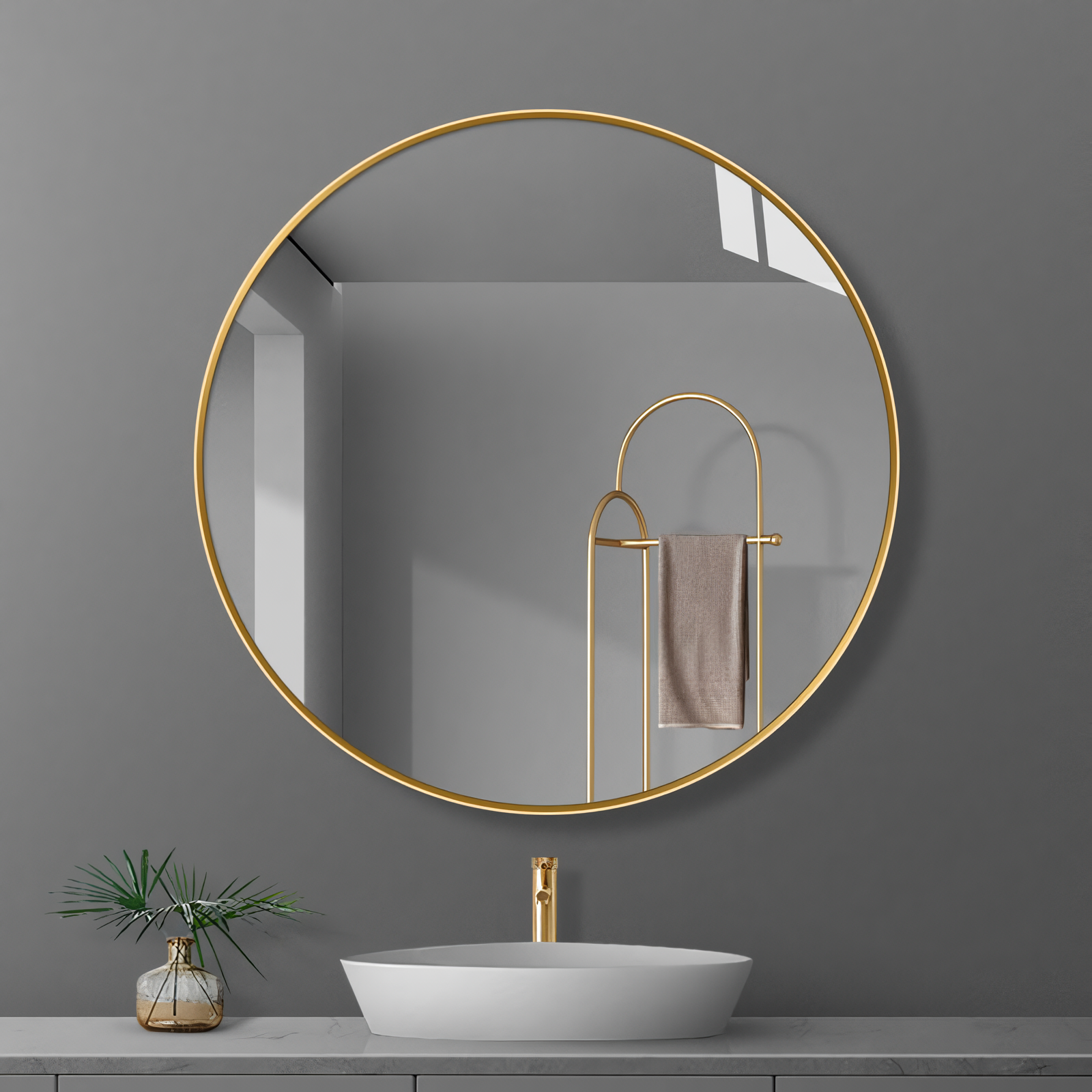 Espejo de pared circular con marco de acero dorado