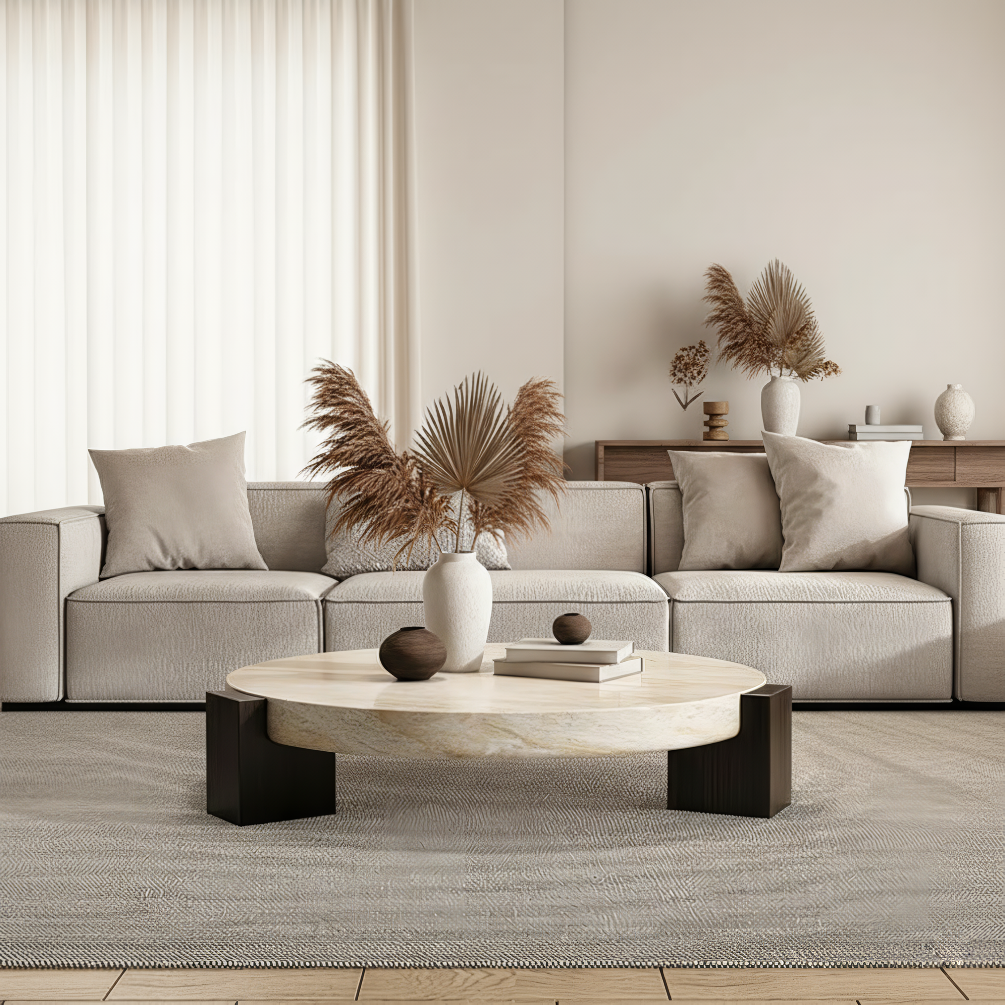 Mesa de mármol circular con base de madera