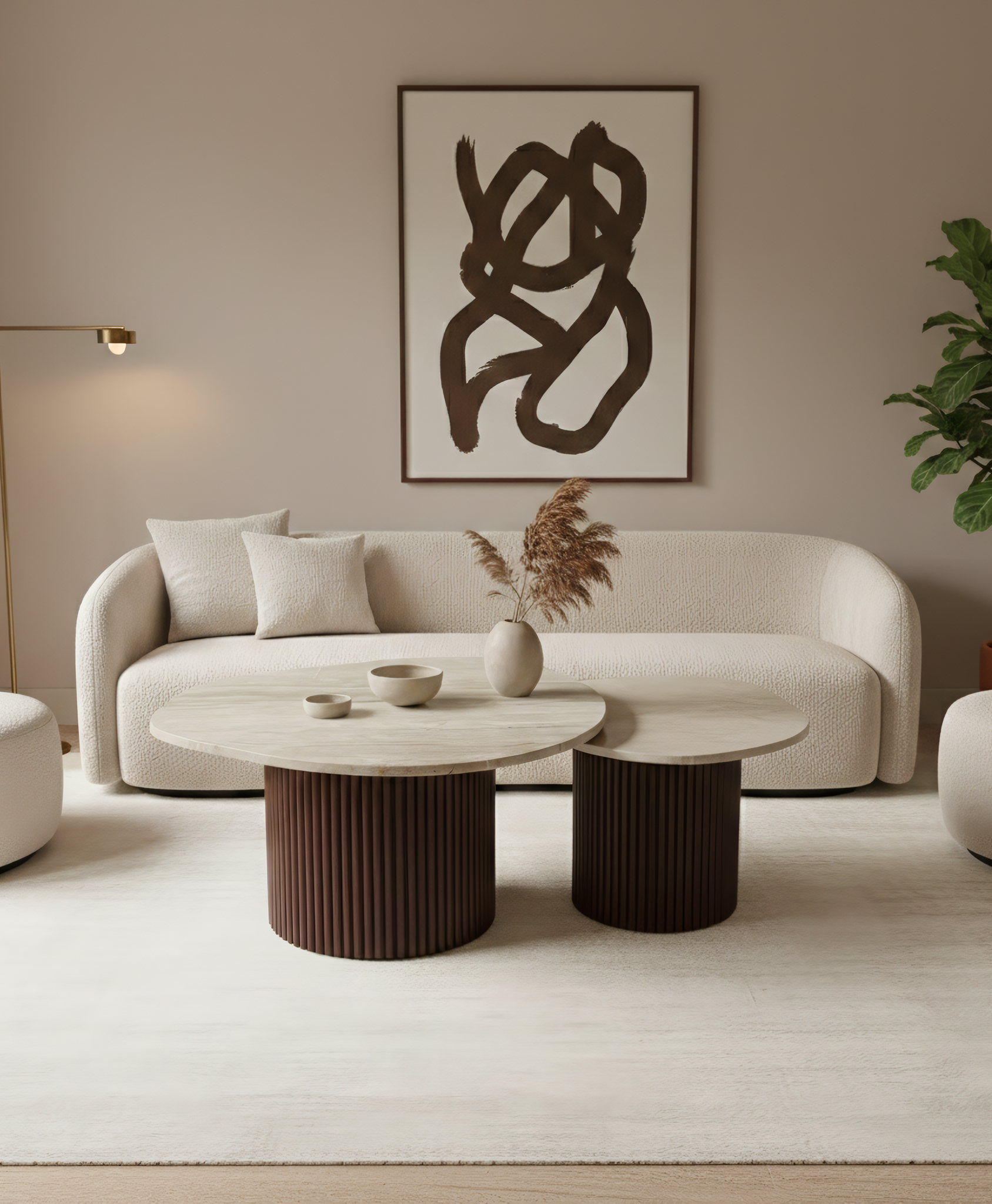 Mesa de centro de madera y mármol ovalado