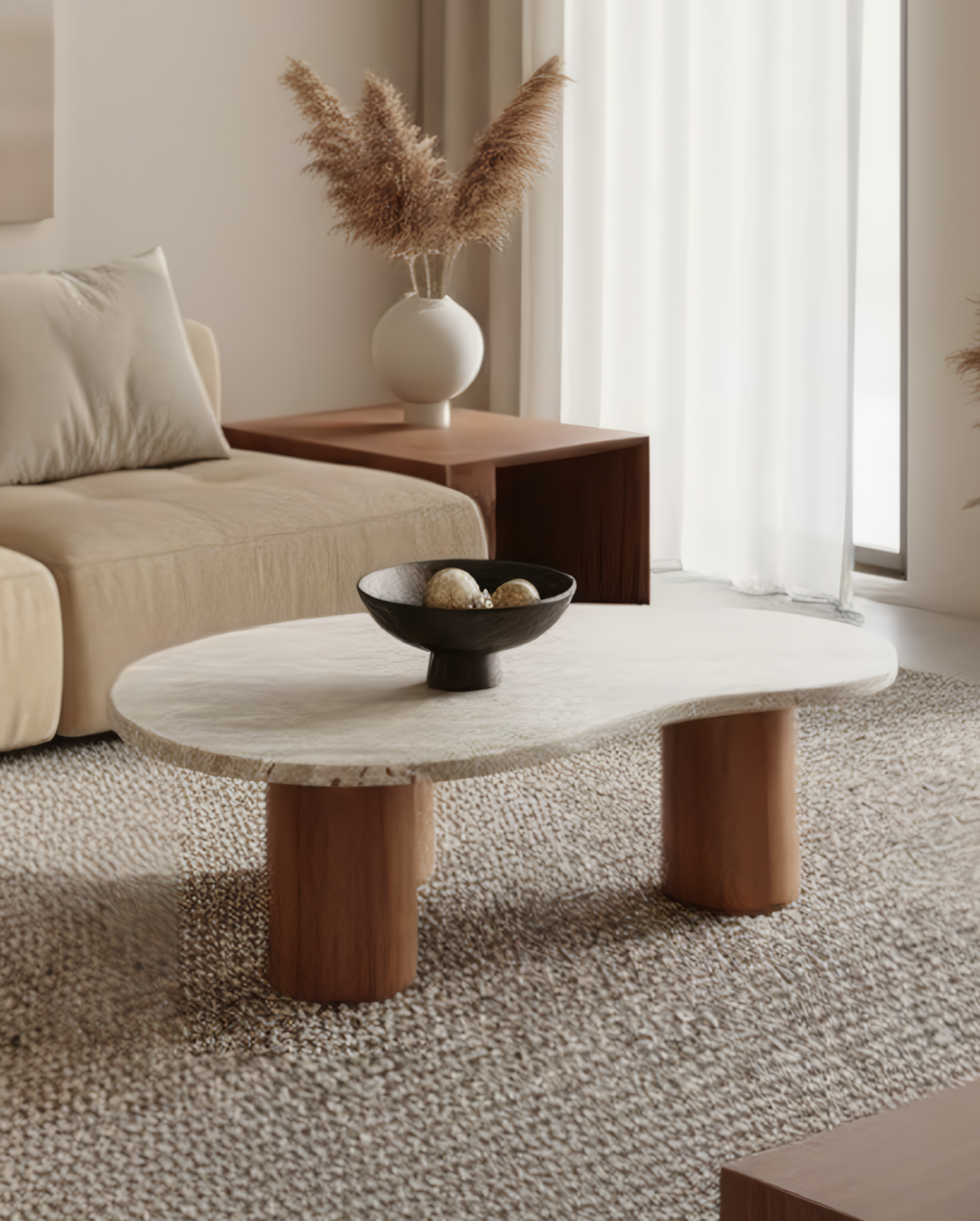 Mesa de centro de madera y mármol minimalista