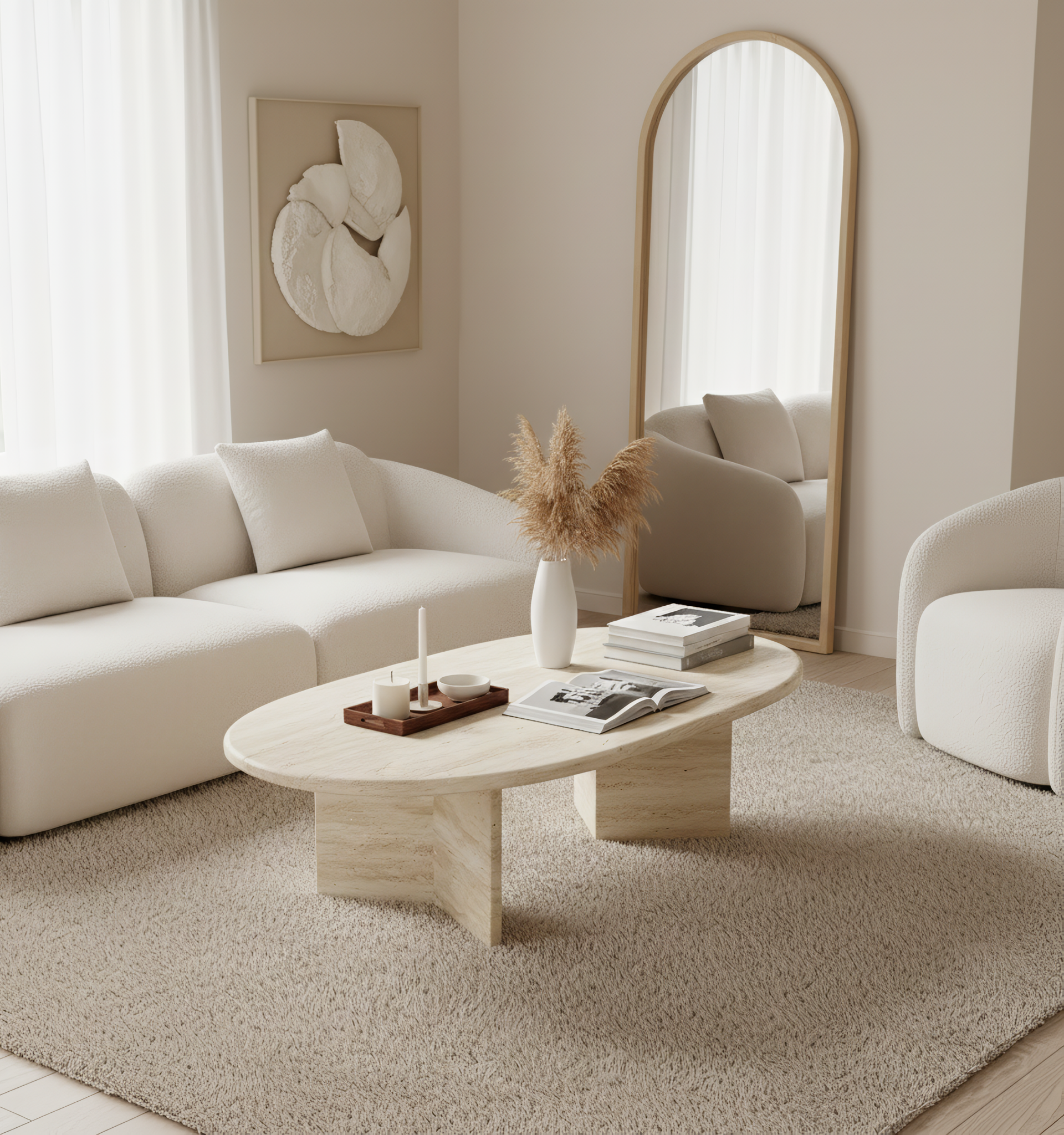 Mesa de centro de mármol rectángular con bordes ovalados