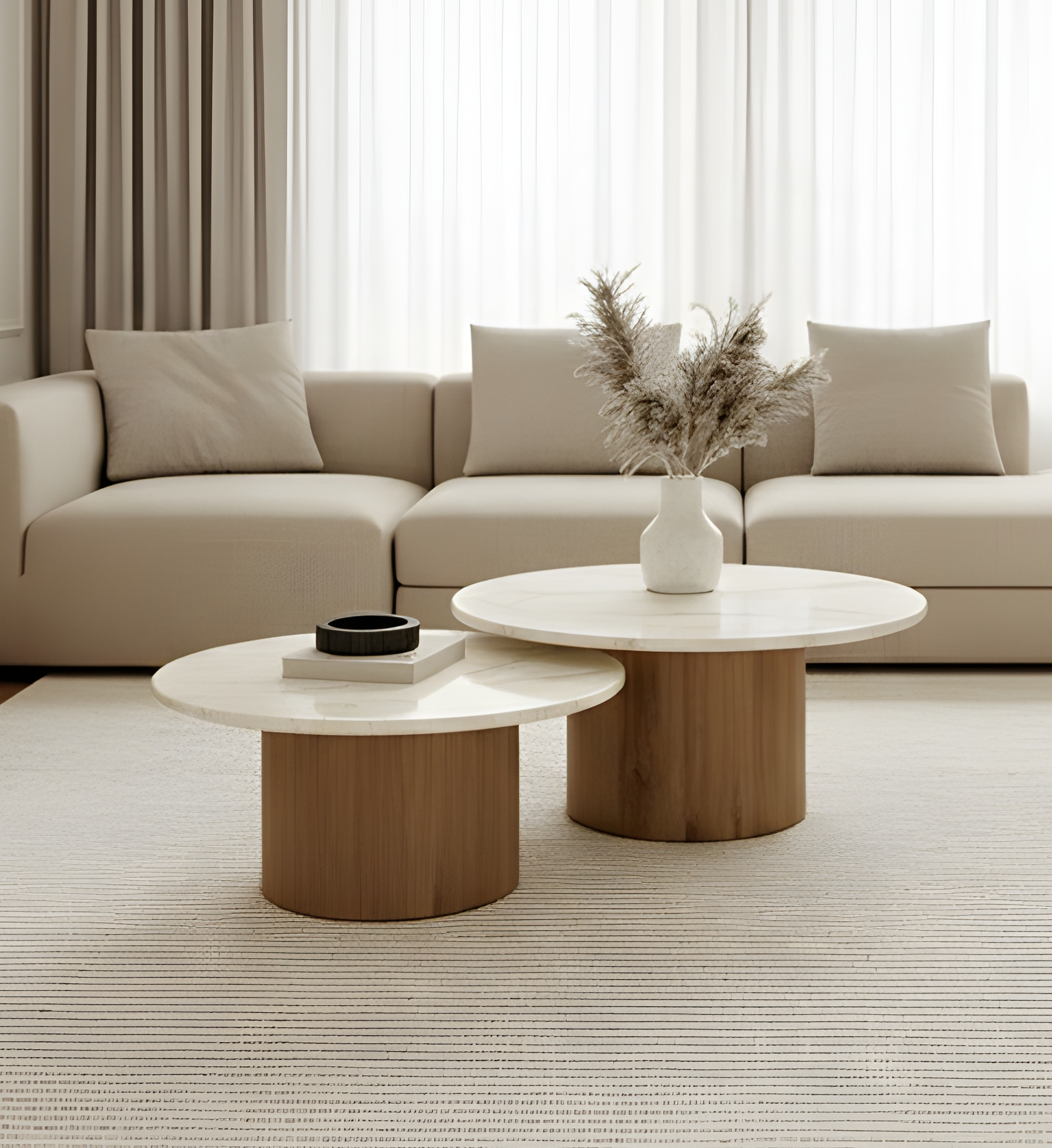 Set de 2 mesas de centro redondas de mármol y madera