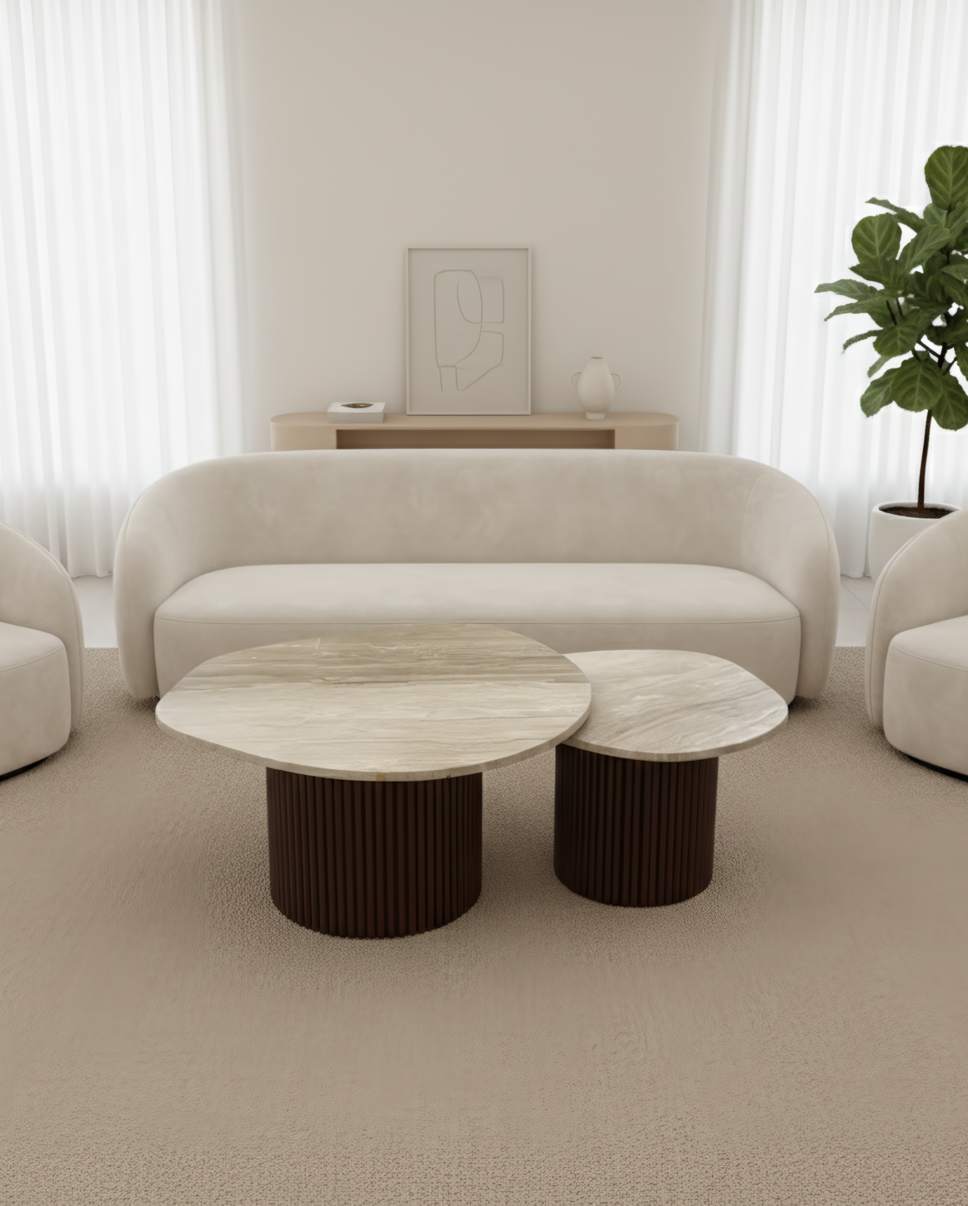 Mesa de centro de madera y mármol ovalado