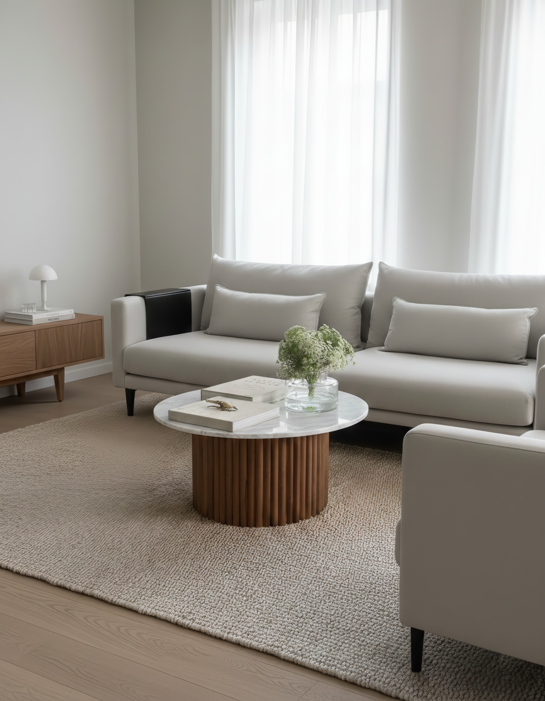 Mesa de centro de mármol con base de madera a rayas