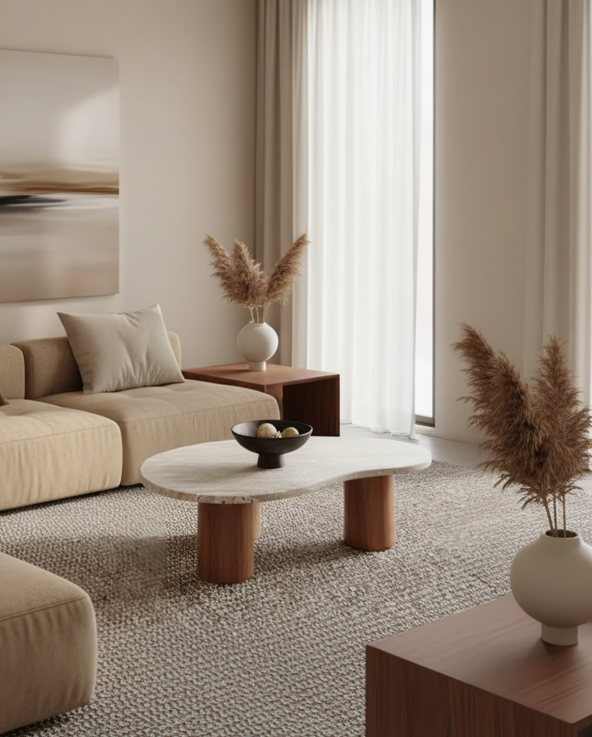 Mesa de centro de madera y mármol minimalista