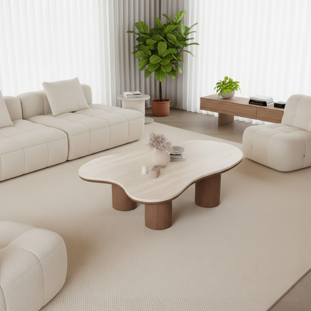 Mesa de centro de madera y base de madera irregular