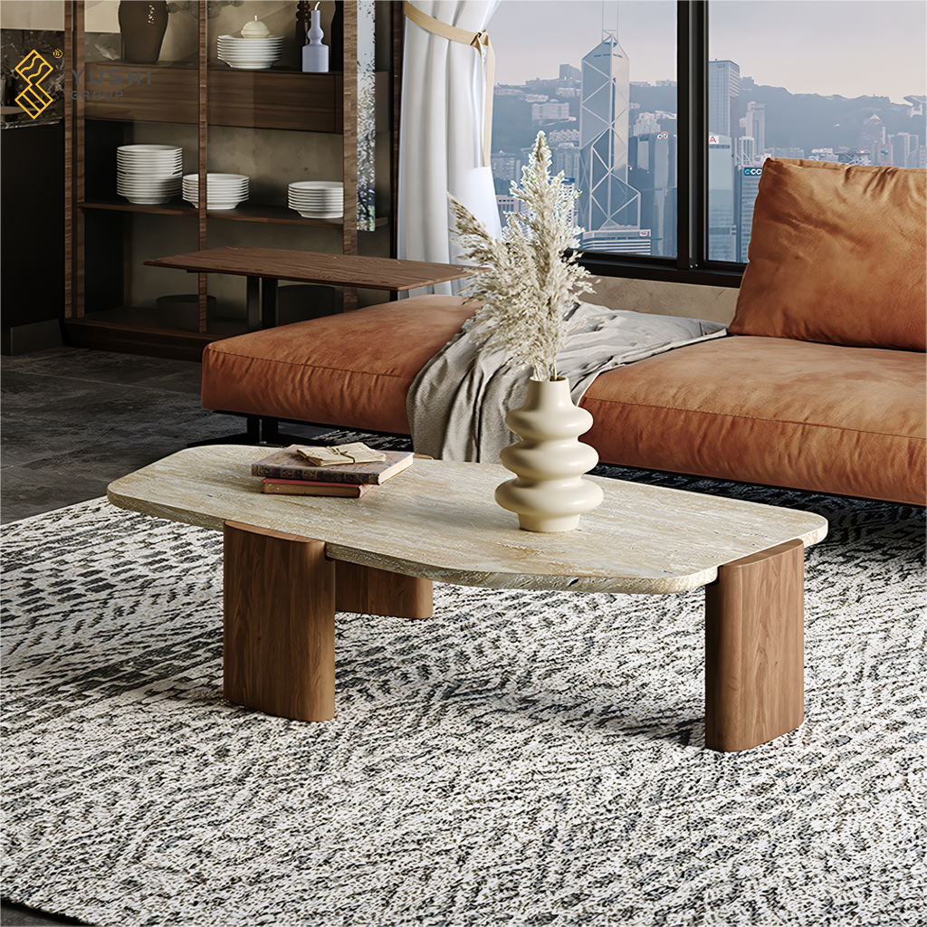 Mesa de centro de madera y mármol irregular