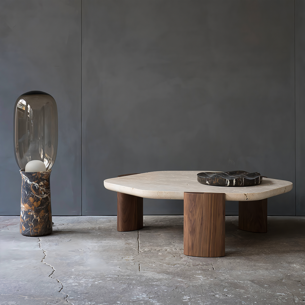 Mesa de mármol irregular y base de madera