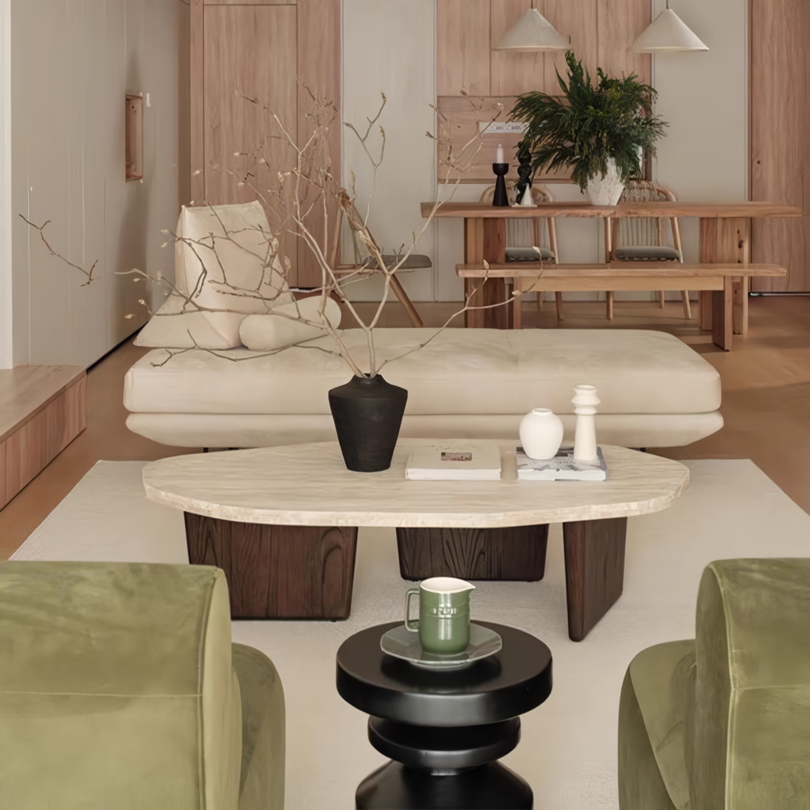 Mesa de centro de madera y mármol ovalado