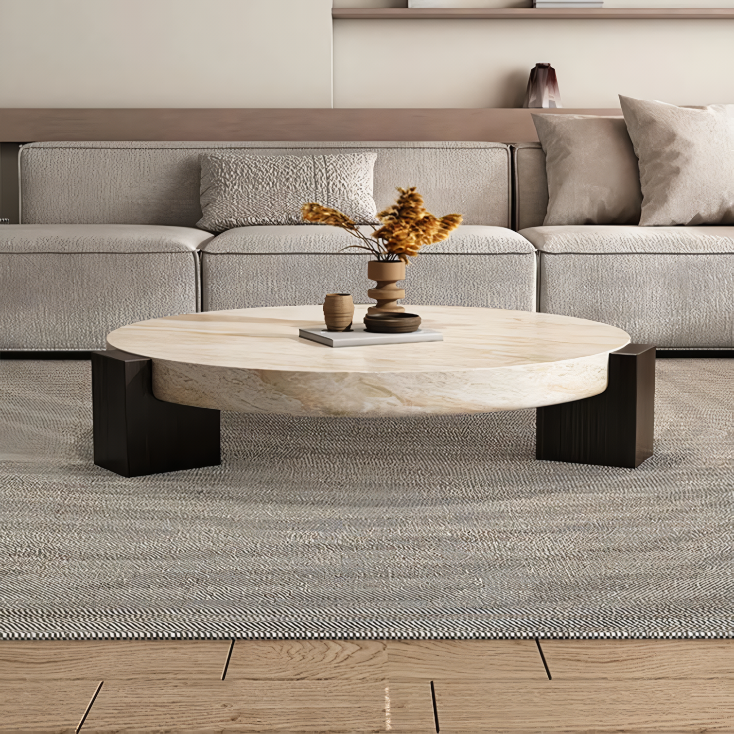 Mesa de mármol circular con base de madera