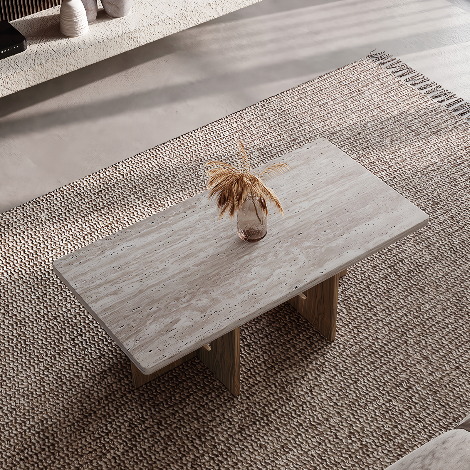 Mesa de centro de base de madera y mármol rectángular