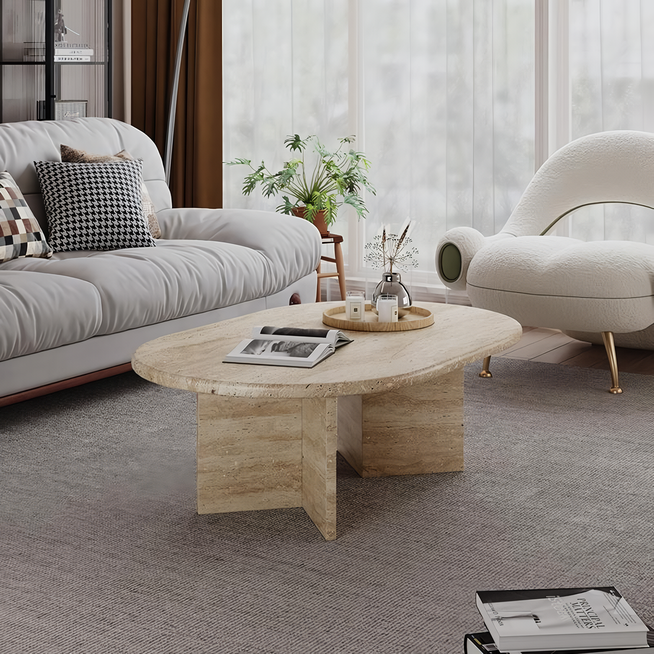 Mesa de centro de mármol rectángular con bordes ovalados