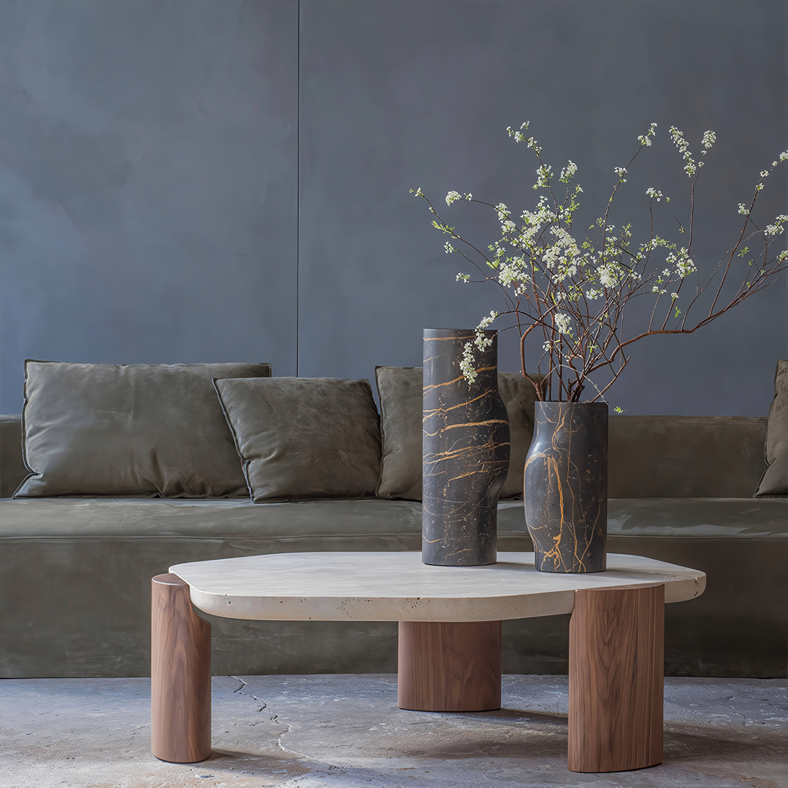 Mesa de mármol irregular y base de madera