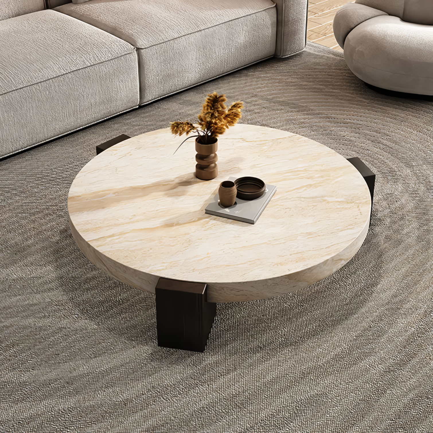 Mesa de mármol circular con base de madera
