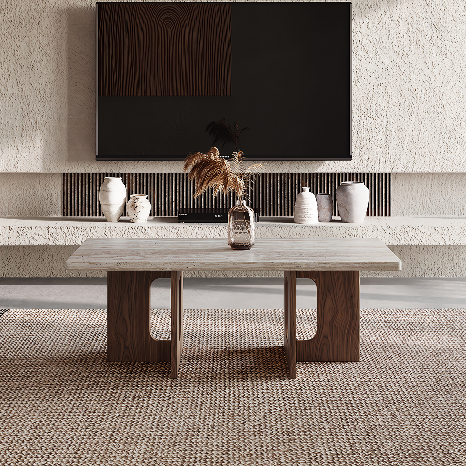 Mesa de centro de base de madera y mármol rectángular