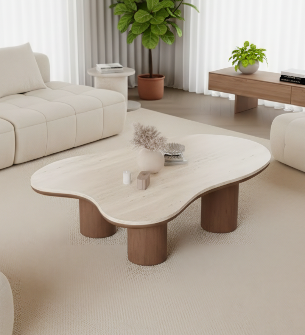 Mesa de centro de madera y base de madera irregular