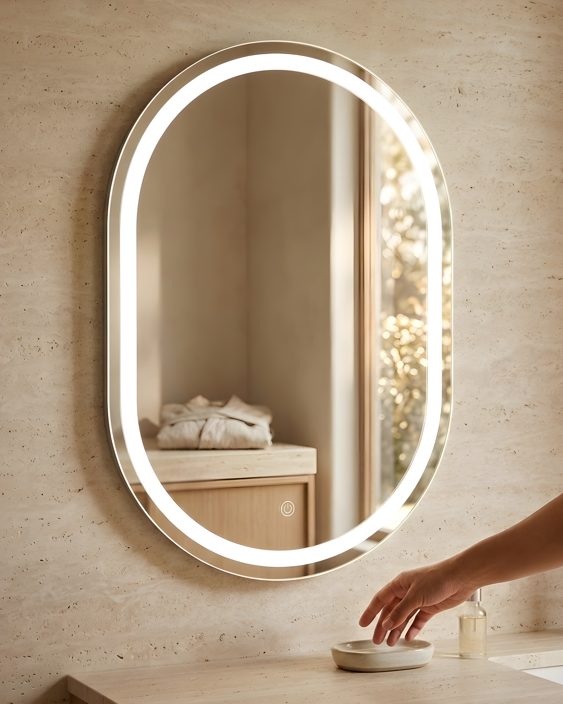 Espejo rectangular ovalado con marco de luz led