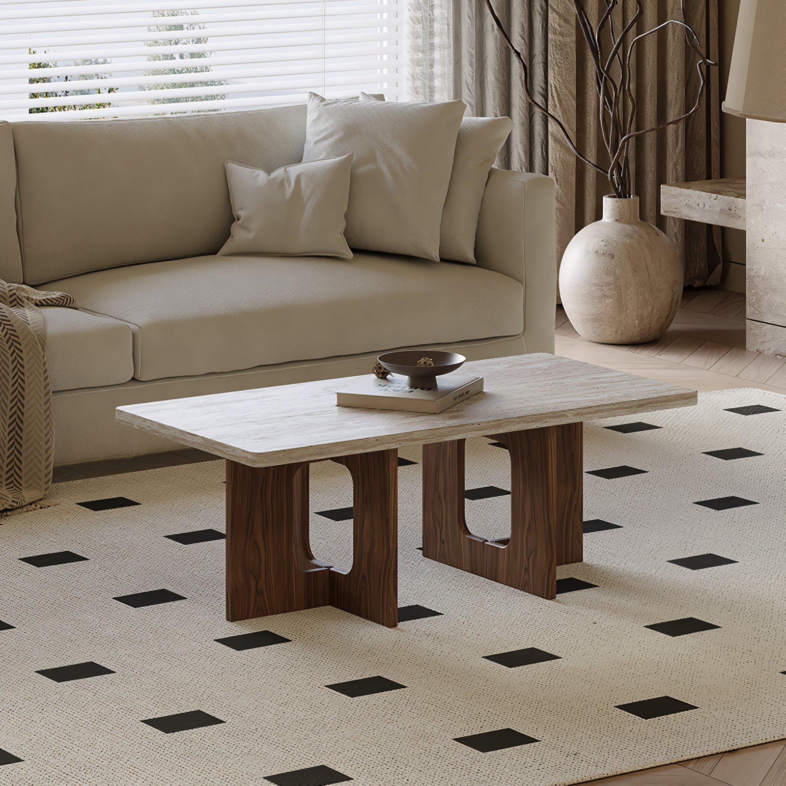 Mesa de centro de base de madera y mármol rectángular