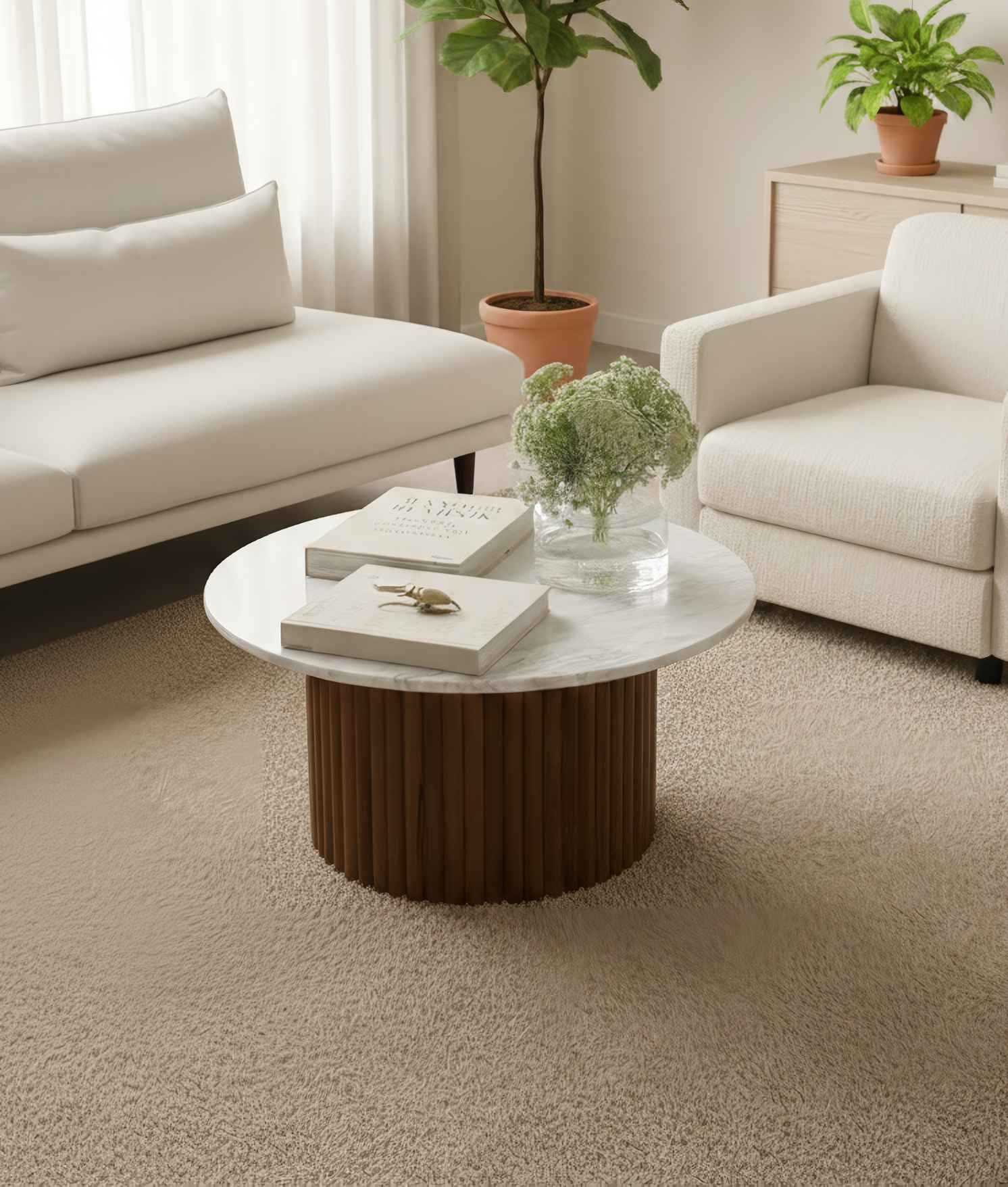 Mesa de centro de mármol con base de madera a rayas